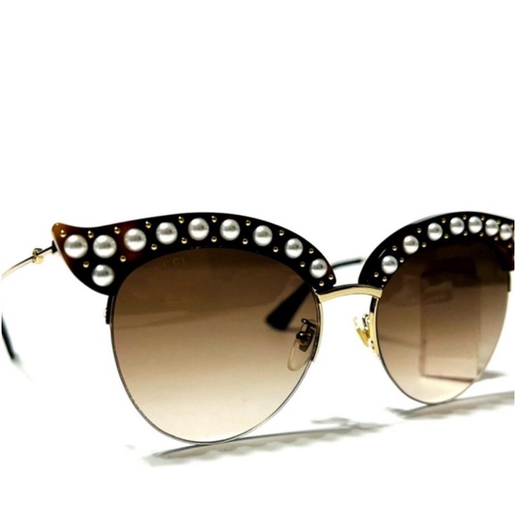 GUCCI SUNGLASSES GG0212S 002 CAT EYE HAVANA GOLD PEARL ACCENTS - Picture 2 of 6